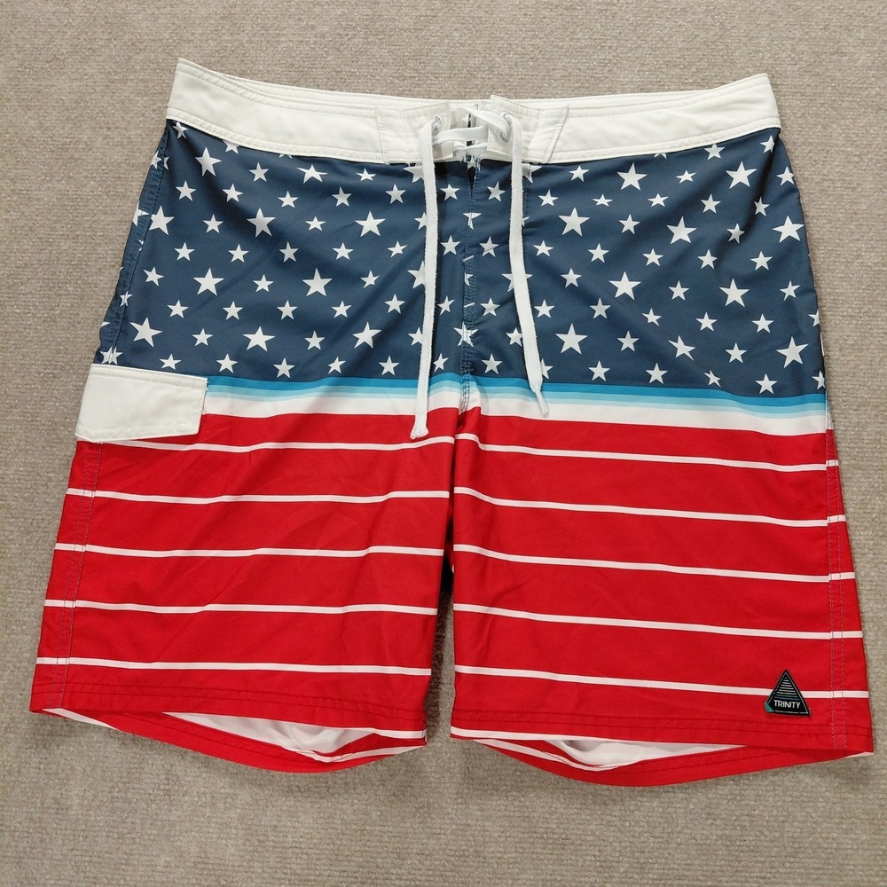 Trinity Red White Blue Patriotic Stars Board Shorts - Men's Size 38 Swim Trunks